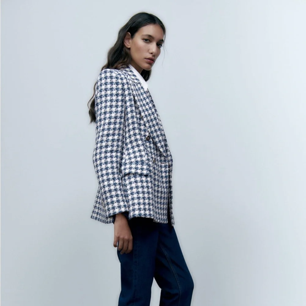 NWT Zara double breasted textured jacket blazer lapel collar shoulder pads - Picture 2 of 10